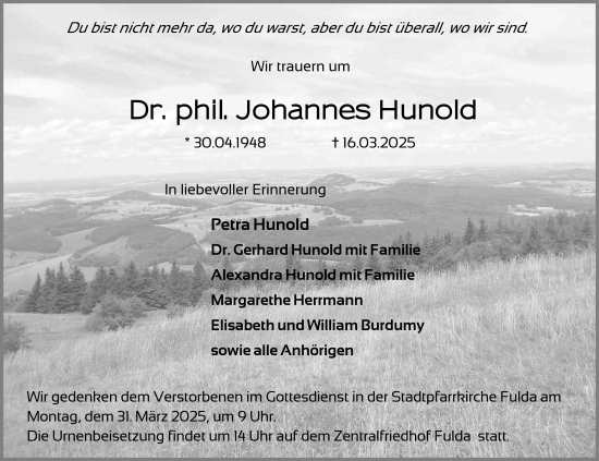 Traueranzeige von Johannes Hunold von FZ