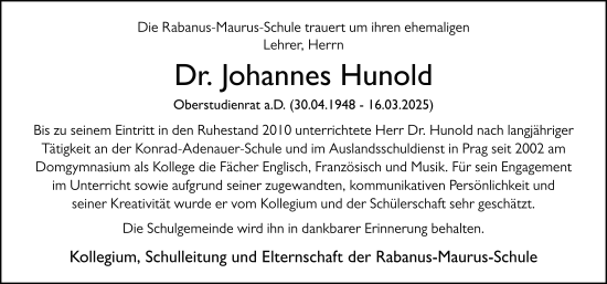 Traueranzeige von Johannes Hunold von FZ
