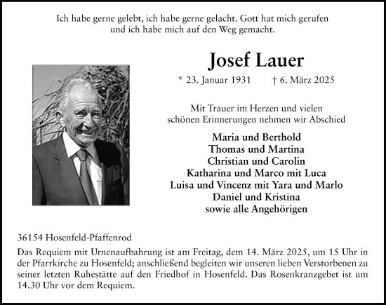 Traueranzeige von Josef Lauer von FZ