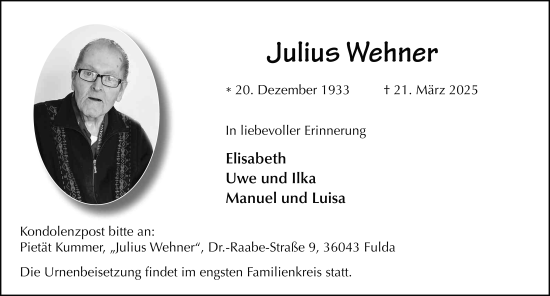 Traueranzeige von Julius Wehner von FZ