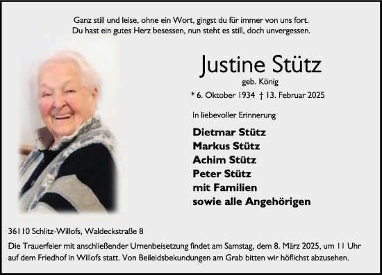 Traueranzeige von Justine Stütz von FZ