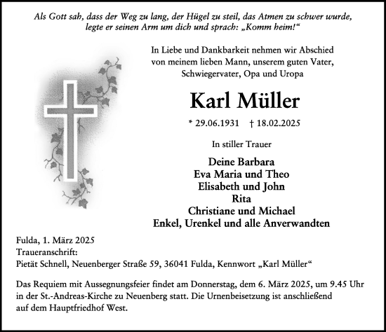 Traueranzeige von Karl Müller von FZ