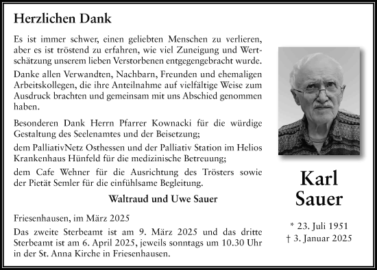 Traueranzeige von Karl Sauer von FZ