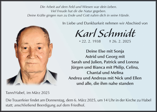 Traueranzeige von Karl Schmidt von FZ