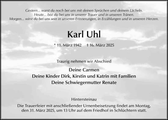 Traueranzeige von Karl Uhl von FZ