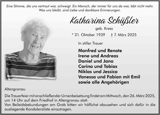 Traueranzeige von Katharina Schüßler von FZ