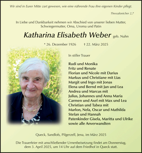 Traueranzeige von Katharina Elisabeth Weber von FZ