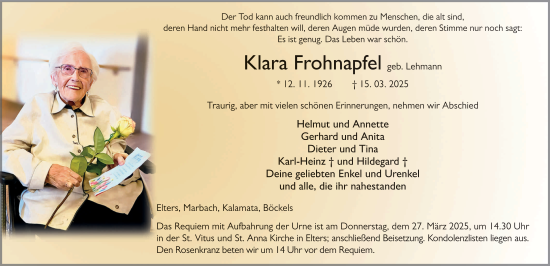 Traueranzeige von Klara Frohnapfel von FZ