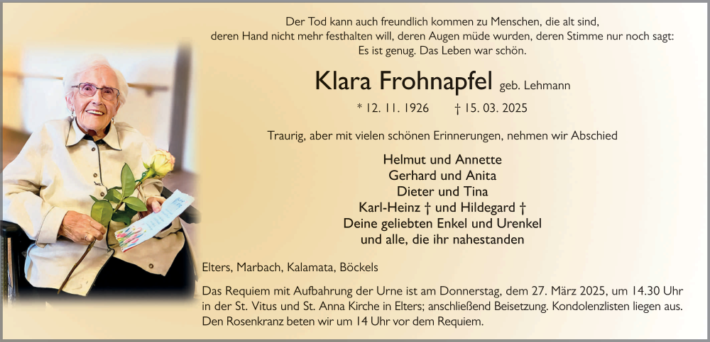 Traueranzeige für Klara Frohnapfel vom 24.03.2025 aus FZ
