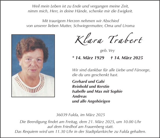 Traueranzeige von Klara Trabert von FZ