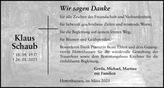 Traueranzeige von Klaus Schaub von FZ