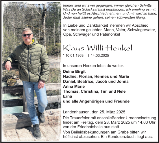Traueranzeige von Klaus Willi Henkel von FZ