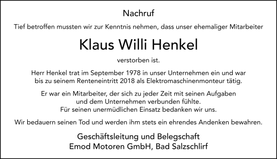 Traueranzeige von Klaus Willi Henkel von FZ