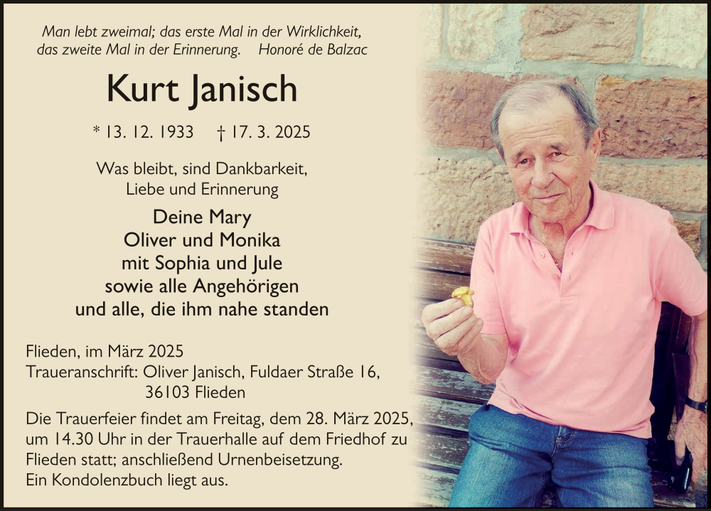  Traueranzeige für Kurt Janisch vom 24.03.2025 aus FZ