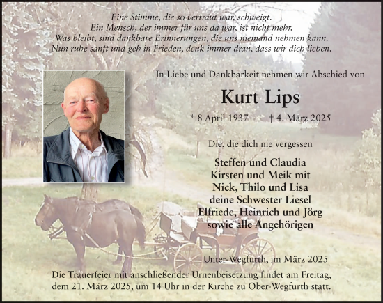 Traueranzeige von Kurt Lips von FZ