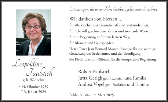 Traueranzeige von Leopoldine Faulstich von FZ