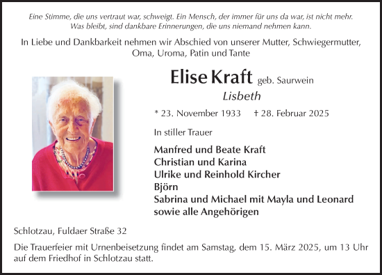 Traueranzeige von Lisbeth Kraft von FZ