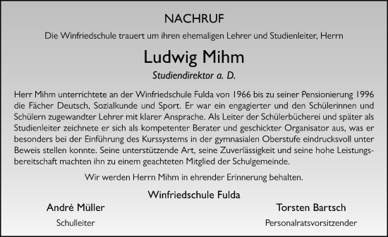 Traueranzeige von Ludwig Mihm von FZ