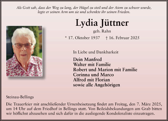 Traueranzeige von Lydia Jüttner von FZ