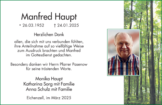 Traueranzeige von Manfred Haupt von FZ