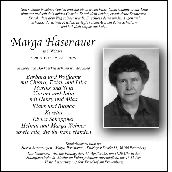 Traueranzeige von Marga Hasenauer von FZ