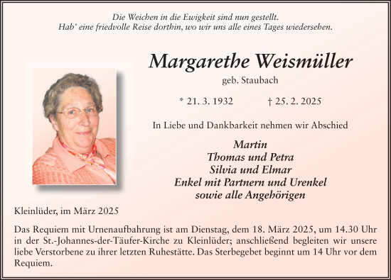 Traueranzeige von Margarethe Weismüller von FZ