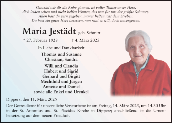 Traueranzeige von Maria Jestädt von FZ