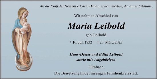 Traueranzeige von Maria Leibold von FZ