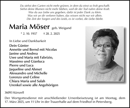 Traueranzeige von Maria Möser von FZ