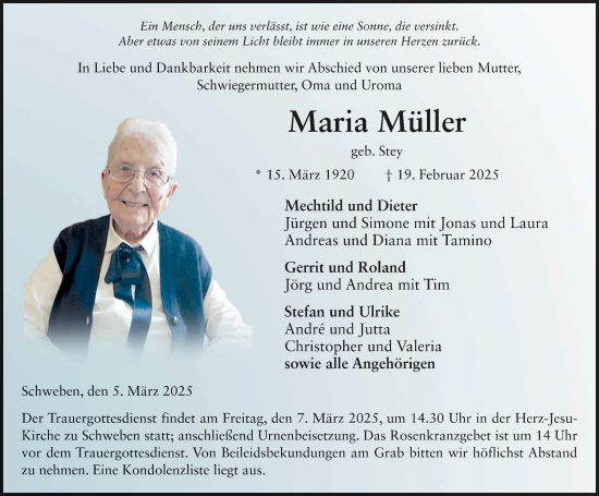 Traueranzeige von Maria Müller von FZ