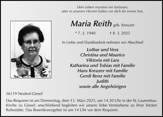 Traueranzeige von Maria Reith von FZ