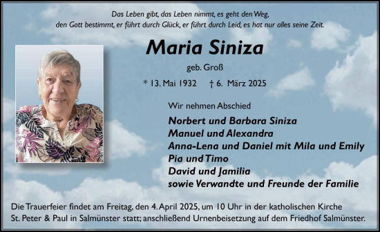 Traueranzeige von Maria Siniza von FZ