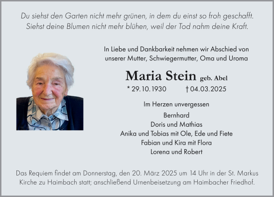 Traueranzeige von Maria Stein von FZ