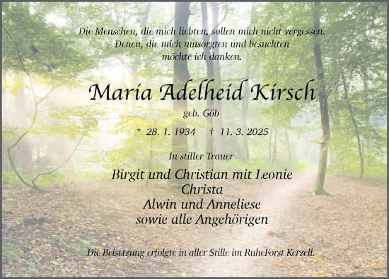 Traueranzeige von Maria Adelheid Kirsch von FZ