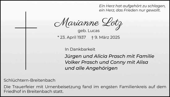 Traueranzeige von Marianne Lotz von FZ