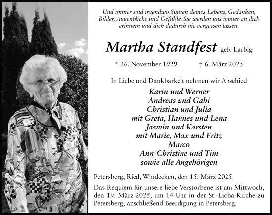 Traueranzeige von Martha Standfest von FZ