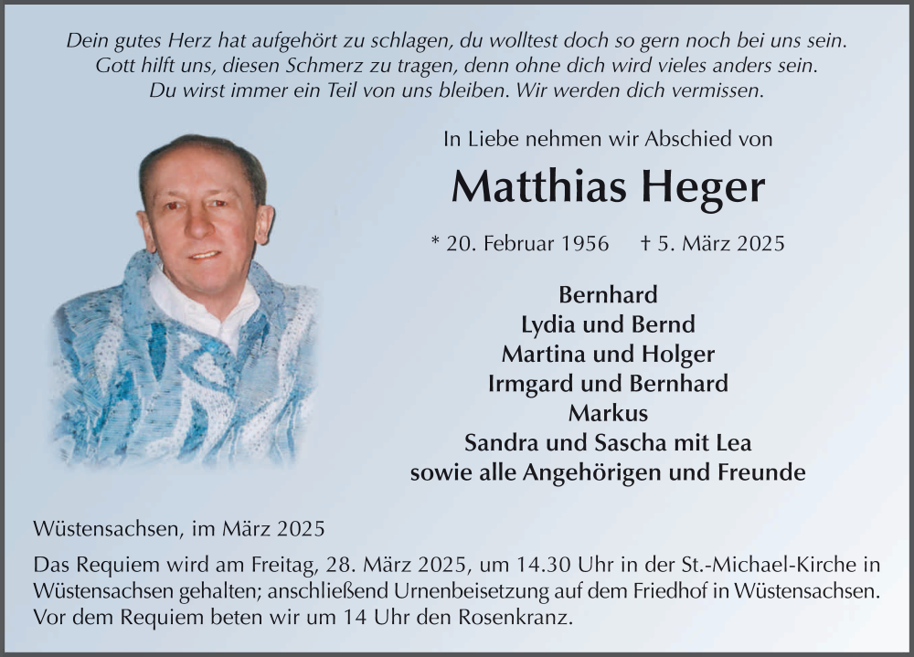  Traueranzeige für Matthias Heger vom 25.03.2025 aus FZ