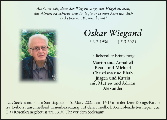 Traueranzeige von Oskar Wiegand von FZ