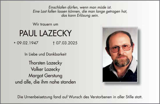 Traueranzeige von Paul Lazecky von FZ