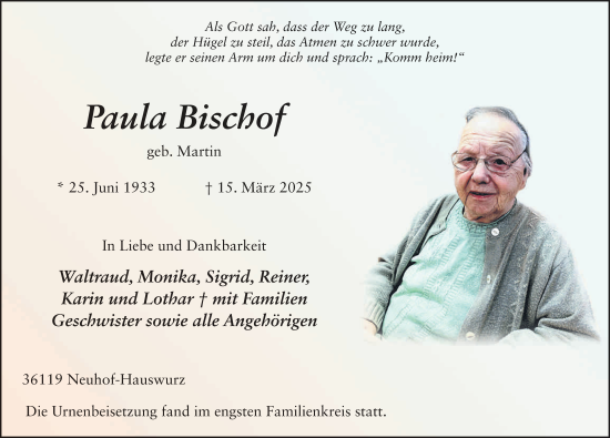 Traueranzeige von Paula Bischof von FZ