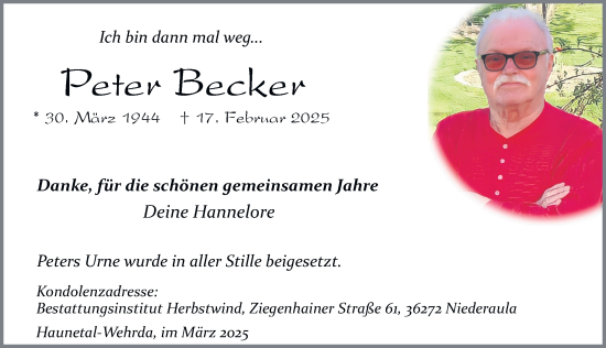 Traueranzeige von Peter Becker von FZ