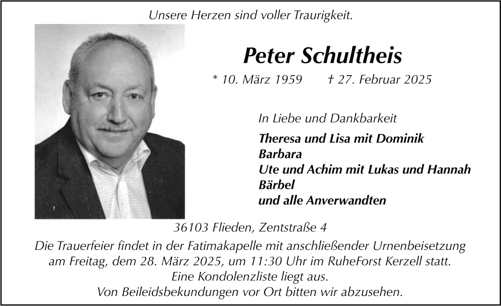  Traueranzeige für Peter Schultheis vom 22.03.2025 aus FZ