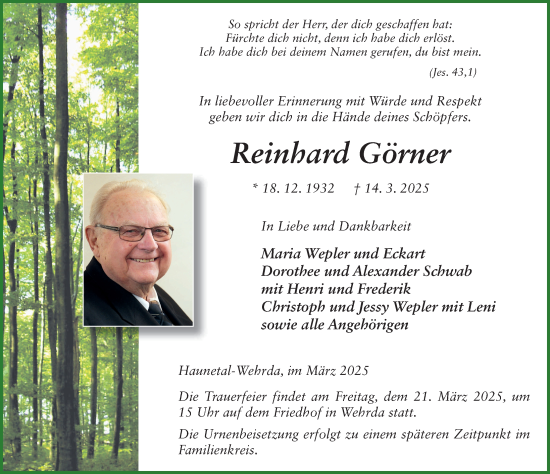 Traueranzeige von Reinhard Görner von FZ
