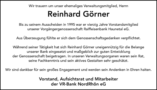 Traueranzeige von Reinhard Görner von FZ