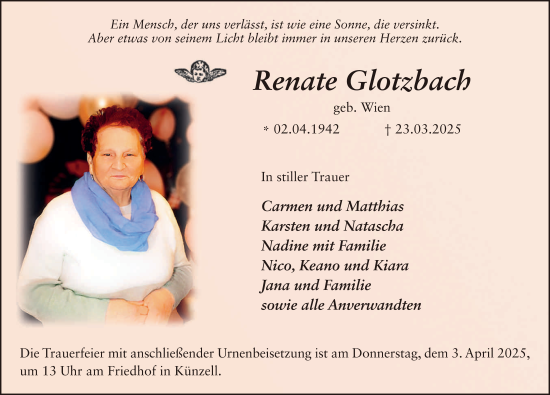 Traueranzeige von Renate Glotzbach von FZ