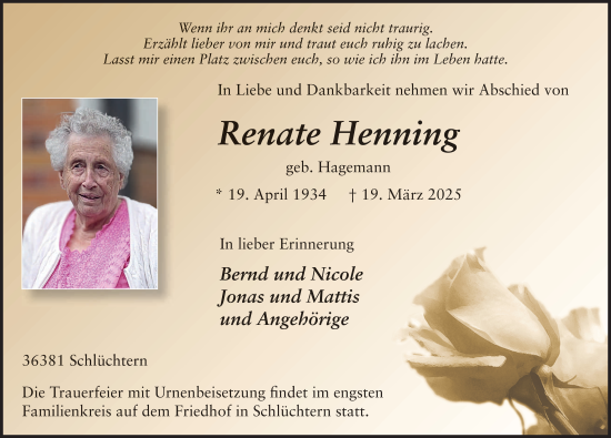 Traueranzeige von Renate Henning von FZ