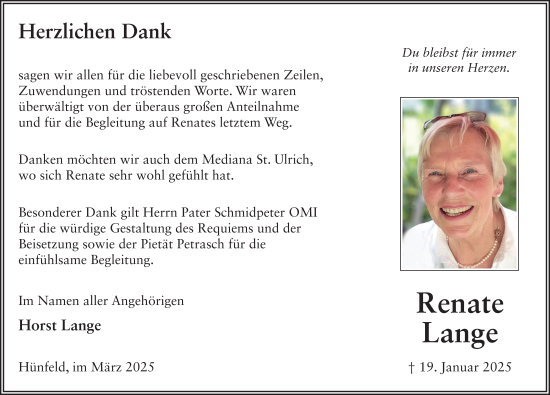 Traueranzeige von Renate Lange von FZ