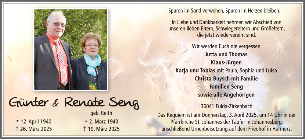  Traueranzeige für Renate und Günter Seng vom 29.03.2025 aus FZ
