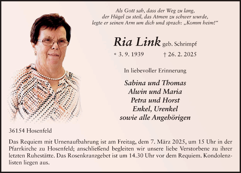  Traueranzeige für Ria Link vom 05.03.2025 aus FZ