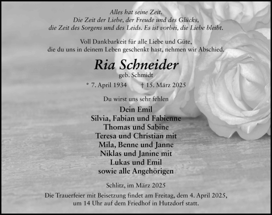 Traueranzeige von Ria Schneider von FZ